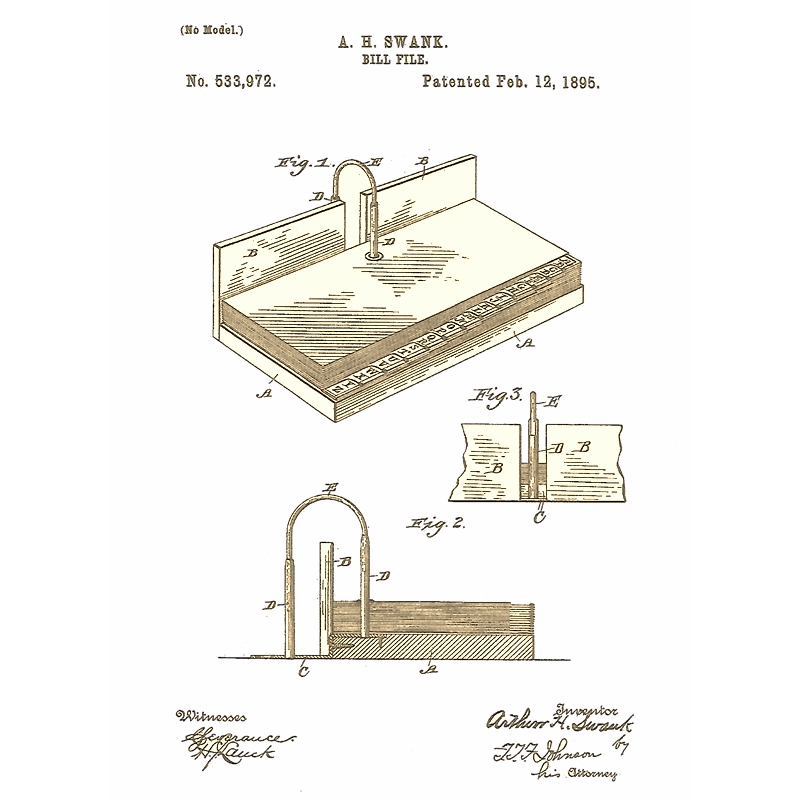 A. H. Swank Bill File patent drawing, No. 533,972, February 12, 1895