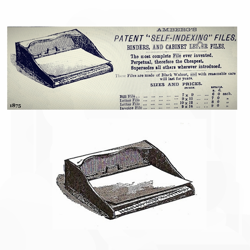 Amberg’s Patent Self-Indexing Files advertisement, 1875