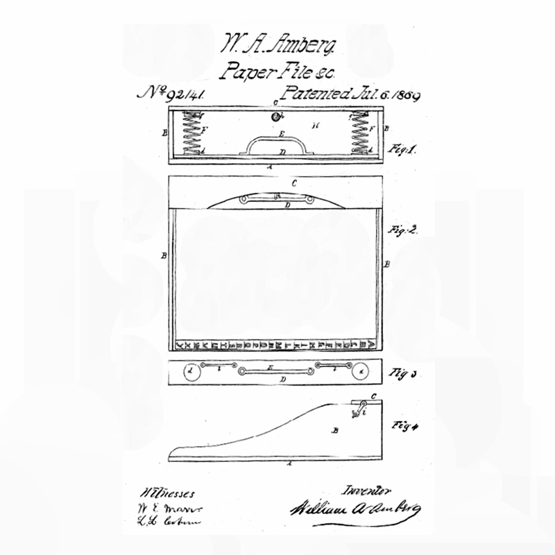 W. A. Amberg Paper File patent, No. 92,141, July 6, 1869