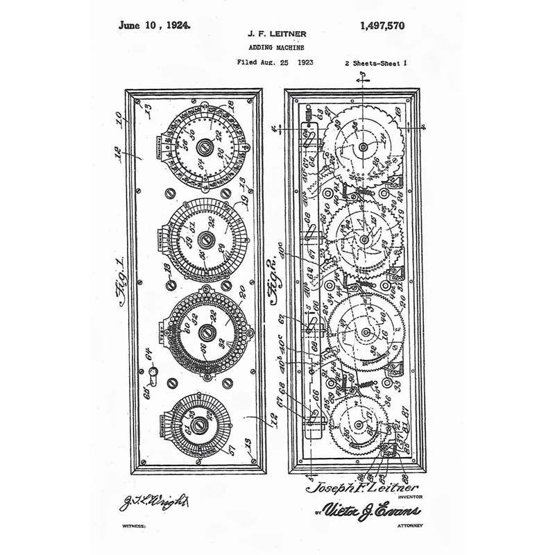 Adding machine patent drawing, J. F. Leither, June 10, 1924