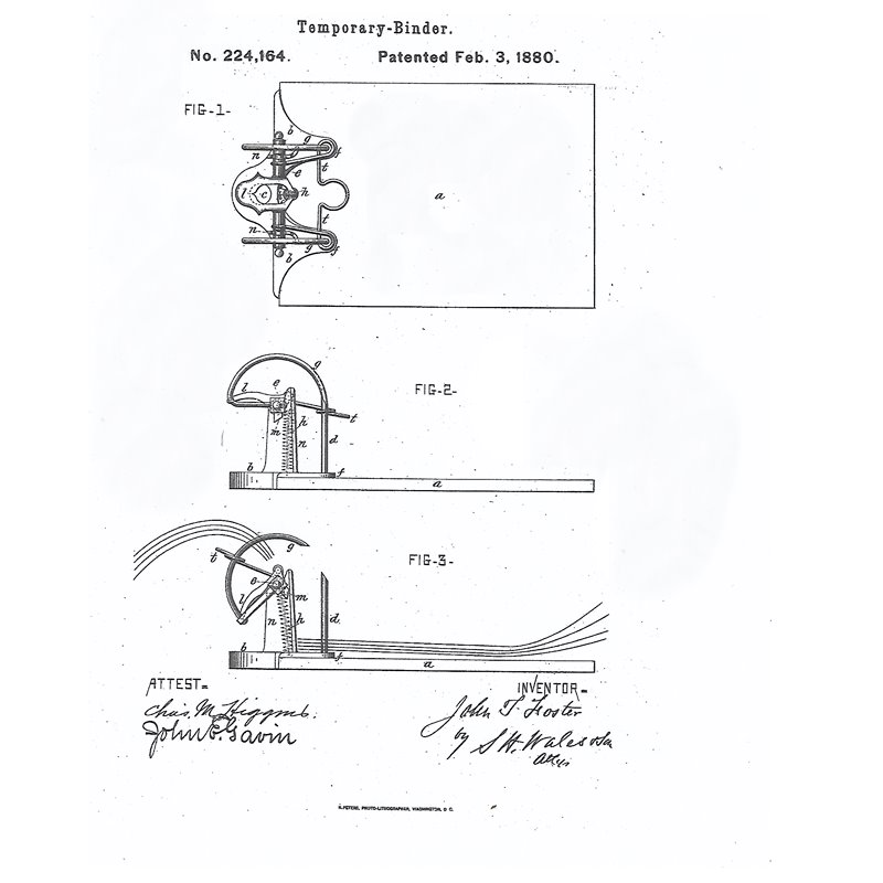 Foster's Temporary Binder patent drawing, No. 224,164, February 3, 1880