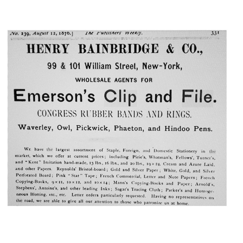 Henry Bainbridge & Co. advertisement for Emerson's Clip and File, The Publishers' Weekly, 1876