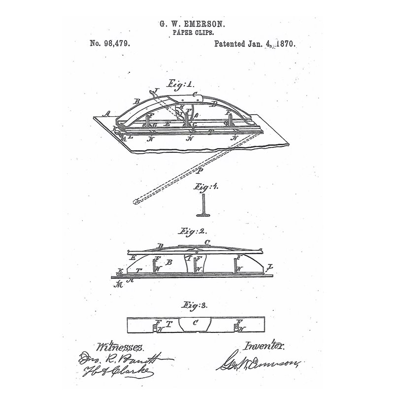G. W. Emerson Paper Clips (Clip & File) patent drawing, No. 98,479, January 4, 1870