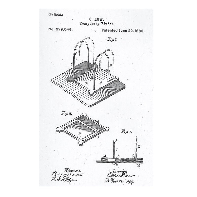 Oscar Low Temporary Binder patent drawing, No. 229,046, June 22, 1880