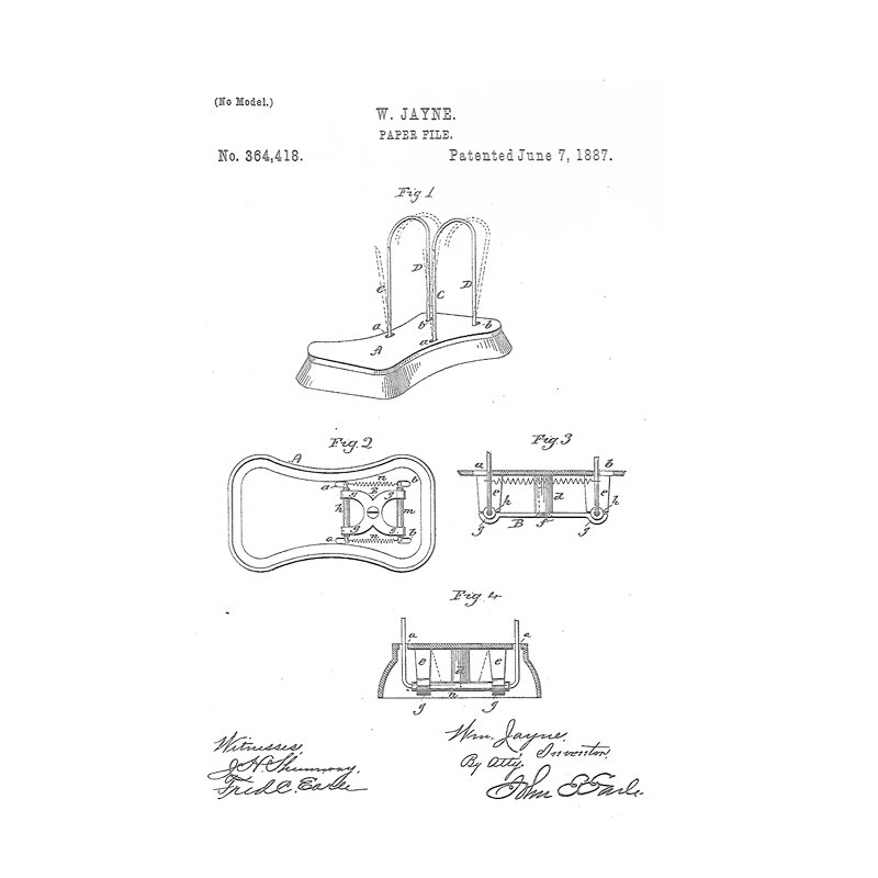 W. Jayne Paper File patent drawing, No. 364,418, June 7, 1887