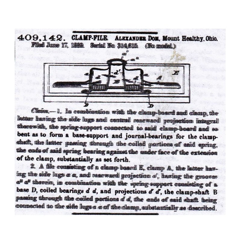 Alexander Dom Clamp-File, No. 409,142, Mount Healthy, Ohio — Official Gazette engraving, 1889