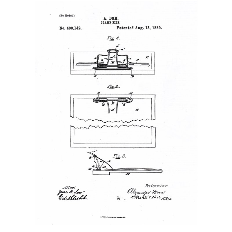 A. Dom Clamp File patent drawing, No. 409,142, August 13, 1889