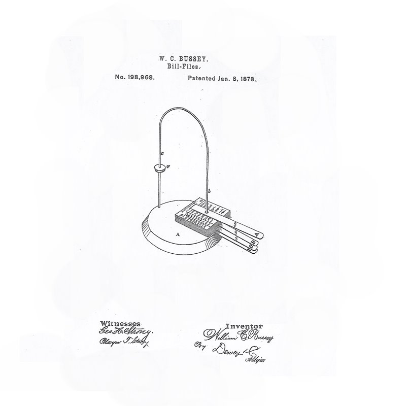 W. C. Bussey Bill-Files (the Shannon Arch File) patent drawing, No. 198,968, January 8, 1878