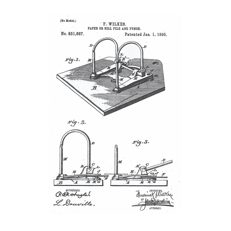 F. Wilkes Paper or Bill File and Punch patent drawing, No. 531,887, January 1, 1895