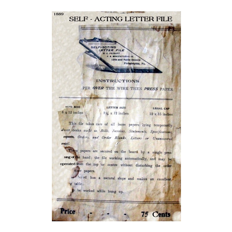 Self-Acting Letter File instruction sheet, F. N. Manufacturing Co., Philadelphia, 1889