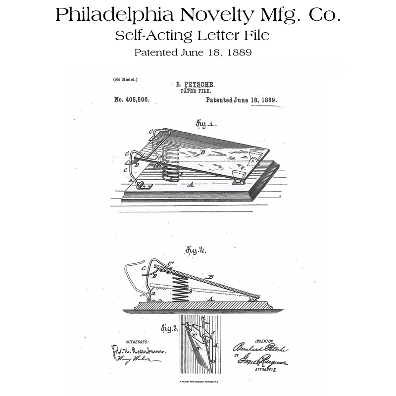 B. Petsche Paper File (the Philadelphia Novelty Self-Acting Letter File) patent drawing, No. 405,596, June 18, 1889