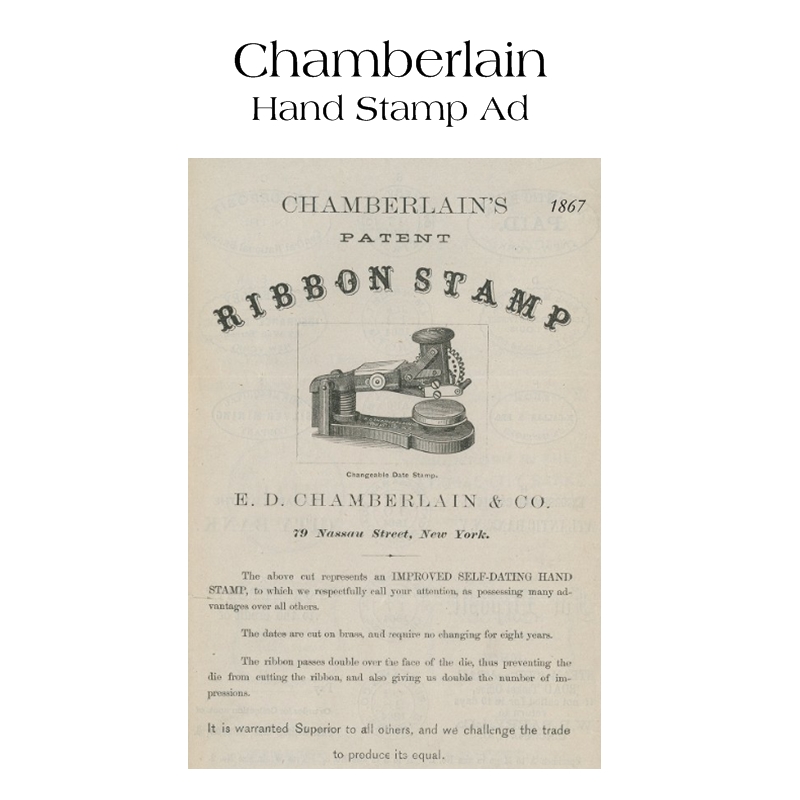 Chamberlain Hand Stamp advertisement, E. D. Chamberlain & Co., New York, 1867