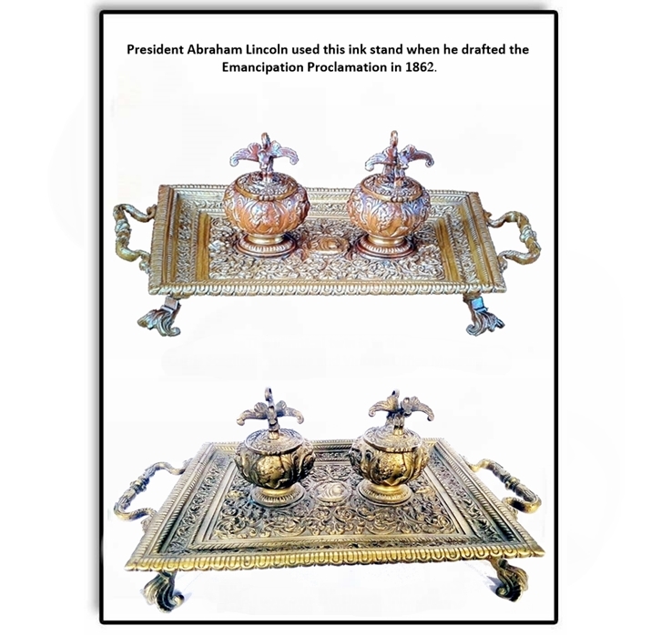 The Bradley & Hubbard inkstand, two views — of the pattern President Abraham Lincoln used to draft the Emancipation Proclamation in 1862