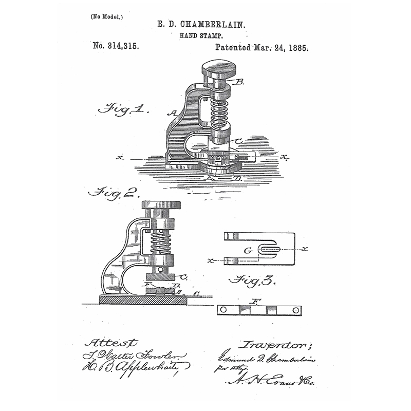 E. D. Chamberlain Hand Stamp, patented 1885