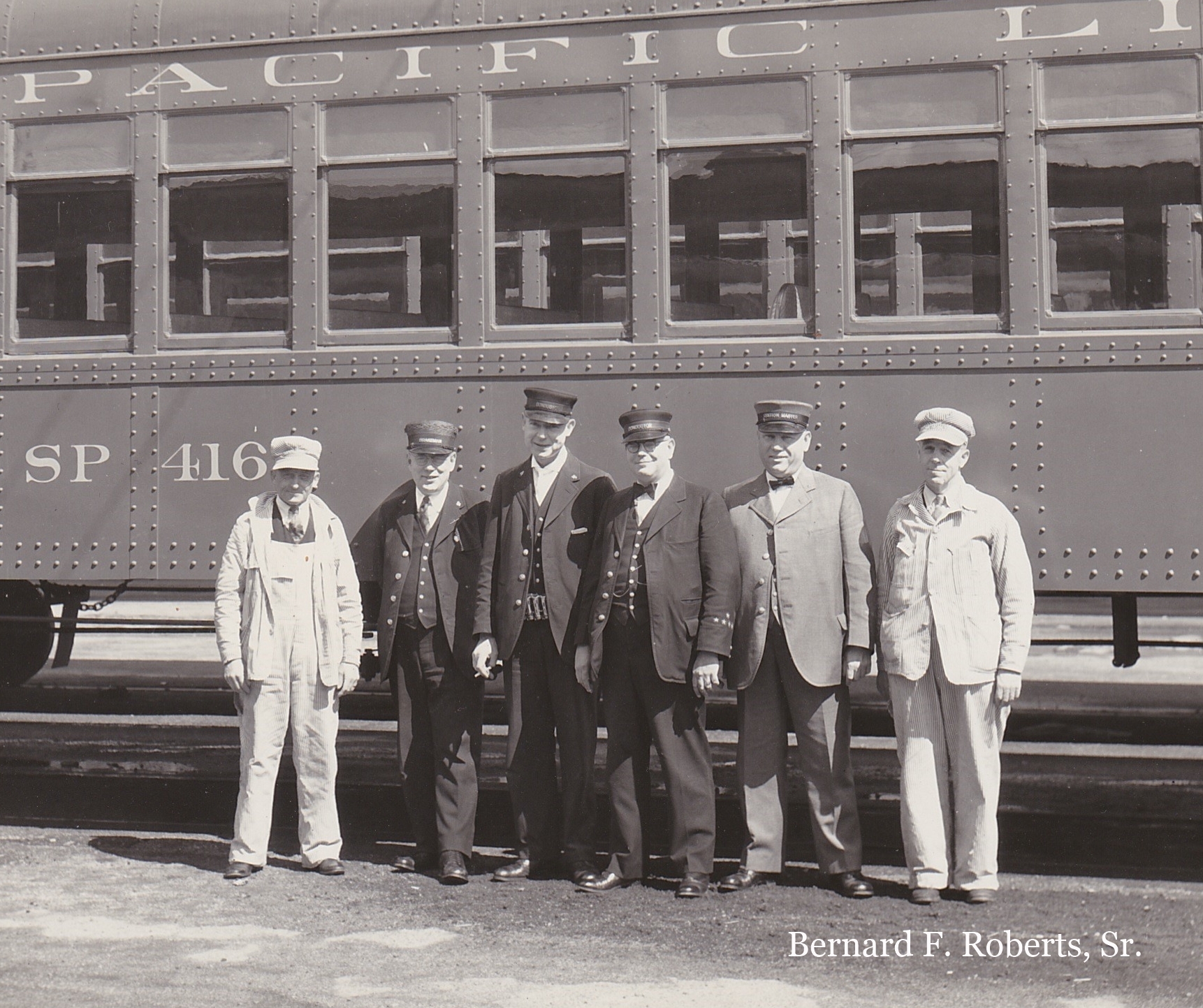 Southern Pacific “Pacific Lines” railroad men beside car SP 416, from the estate of Bernard F. Roberts, Sr.
