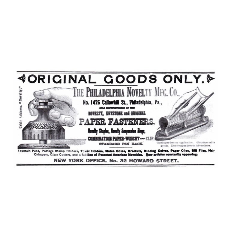 The Philadelphia Novelty Mfg. Co. advertisement, Philadelphia: paper fasteners and the combination paper-weight clip