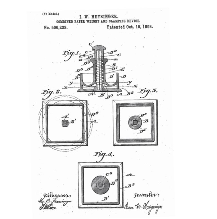 Heysinger Combined Paper Weight and Clamping Device patent drawing, No. 506,232, October 10, 1893