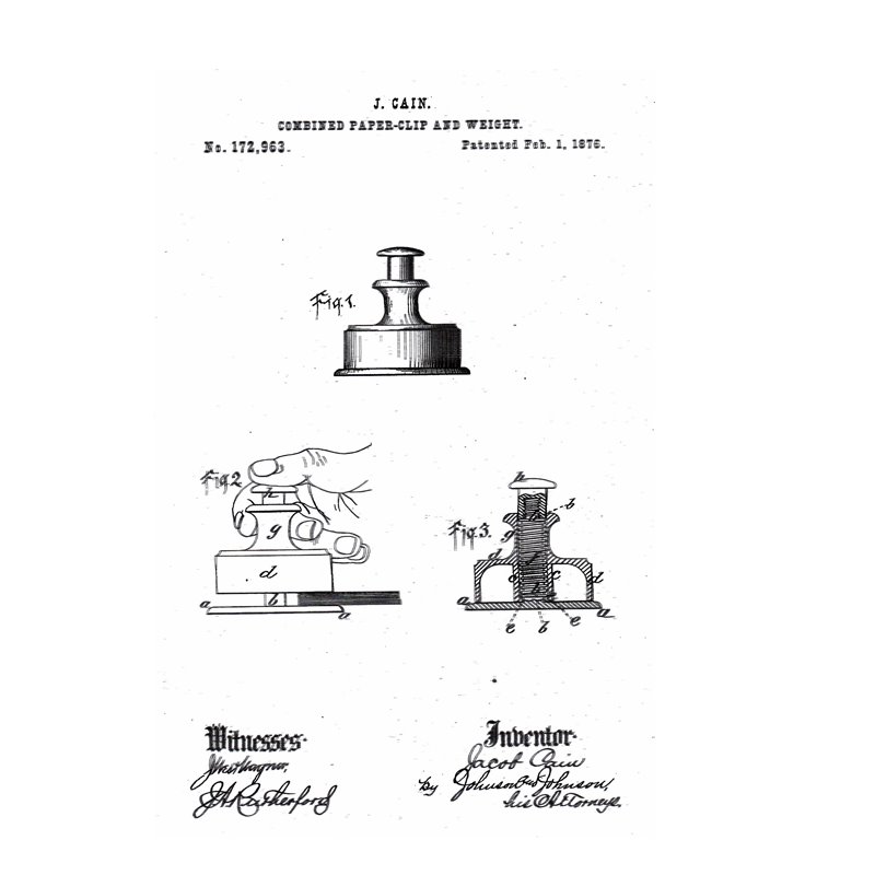 Jacob Cain Combined Paper-Clip and Weight patent drawing, No. 172,963, February 1, 1876