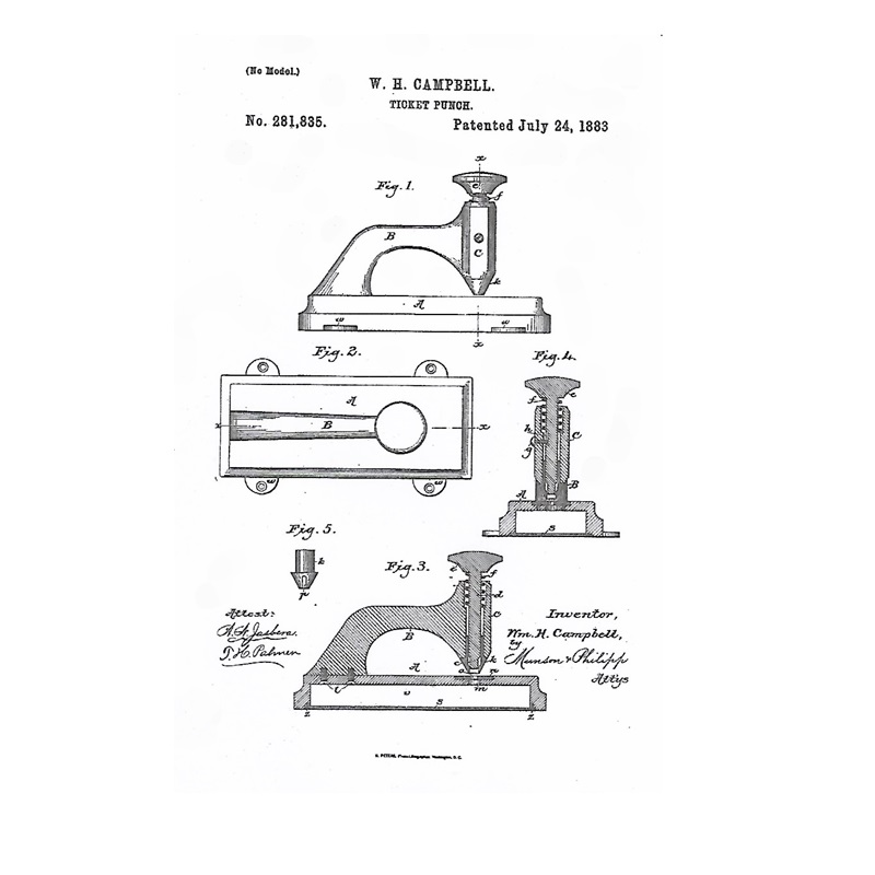 W. H. Campbell Ticket Punch patent drawing, No. 281,835, July 24, 1883