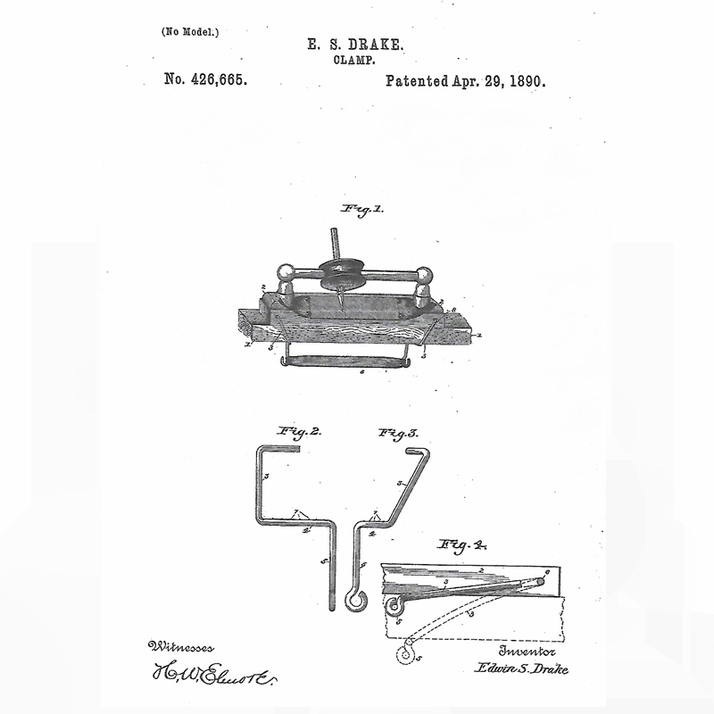 Perfect Pencil Pointer, E. S. Drake clamp patent No. 426,665, April 29, 1890