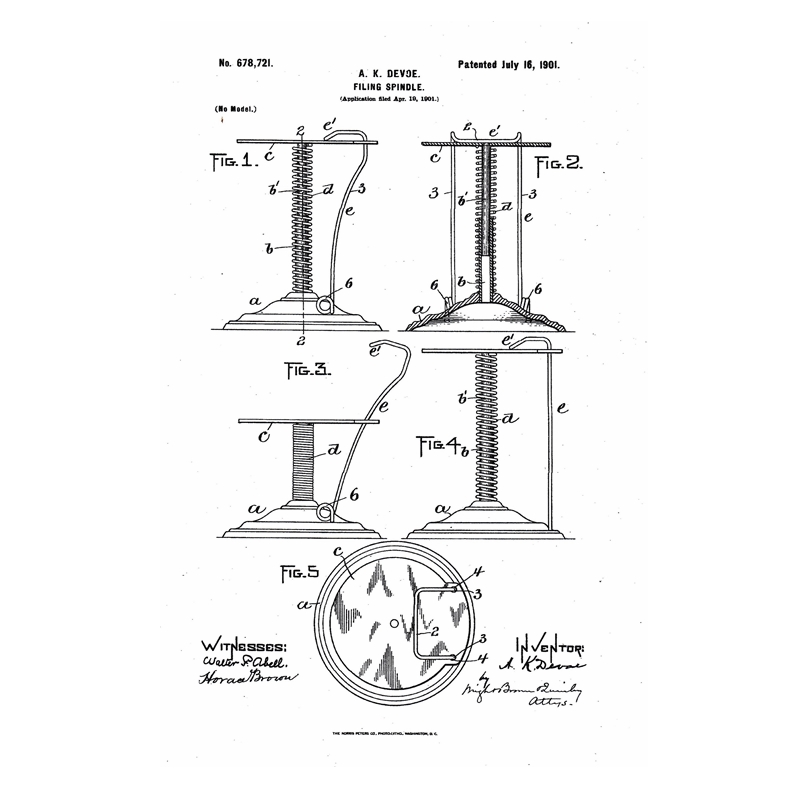Devoe Filing Spindle patent drawing, No. 678,721, July 16, 1901
