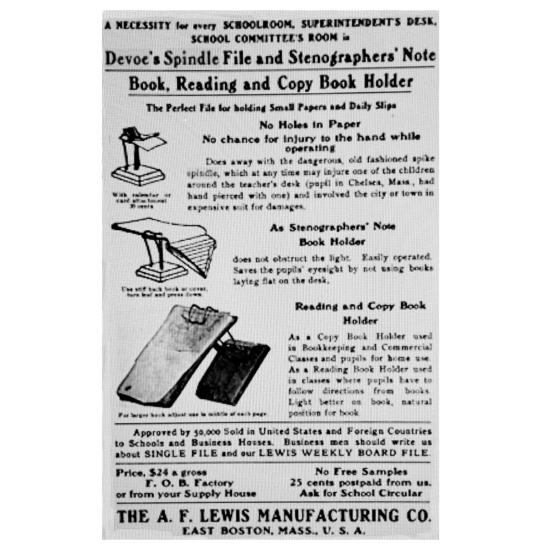 Devoe's Spindle File advertisement, A. F. Lewis Manufacturing Co., East Boston