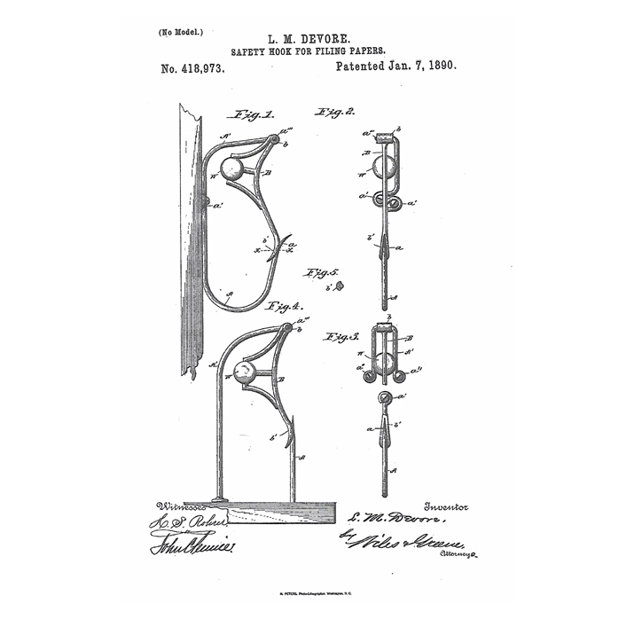 Devore Safety Hook for Filing Papers patent drawing, No. 418,973, January 7, 1890